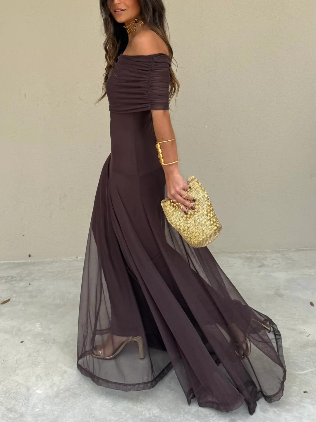 Women's elegant off-shoulder A-line maxi dress, ideal as a party or evening gown.