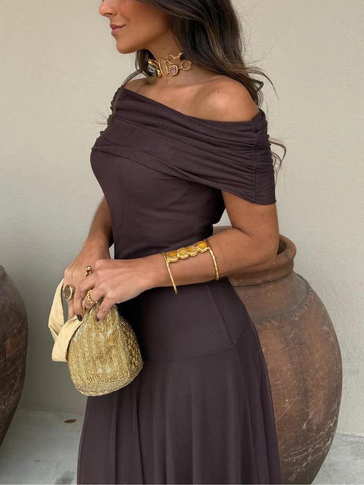 Stylish off-shoulder women's maxi dress for evening, formal events, and special occasion parties.