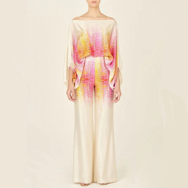 Ladies' elegant one-shoulder printed pants set with abstract design, a chic and versatile outfit for any occasion.