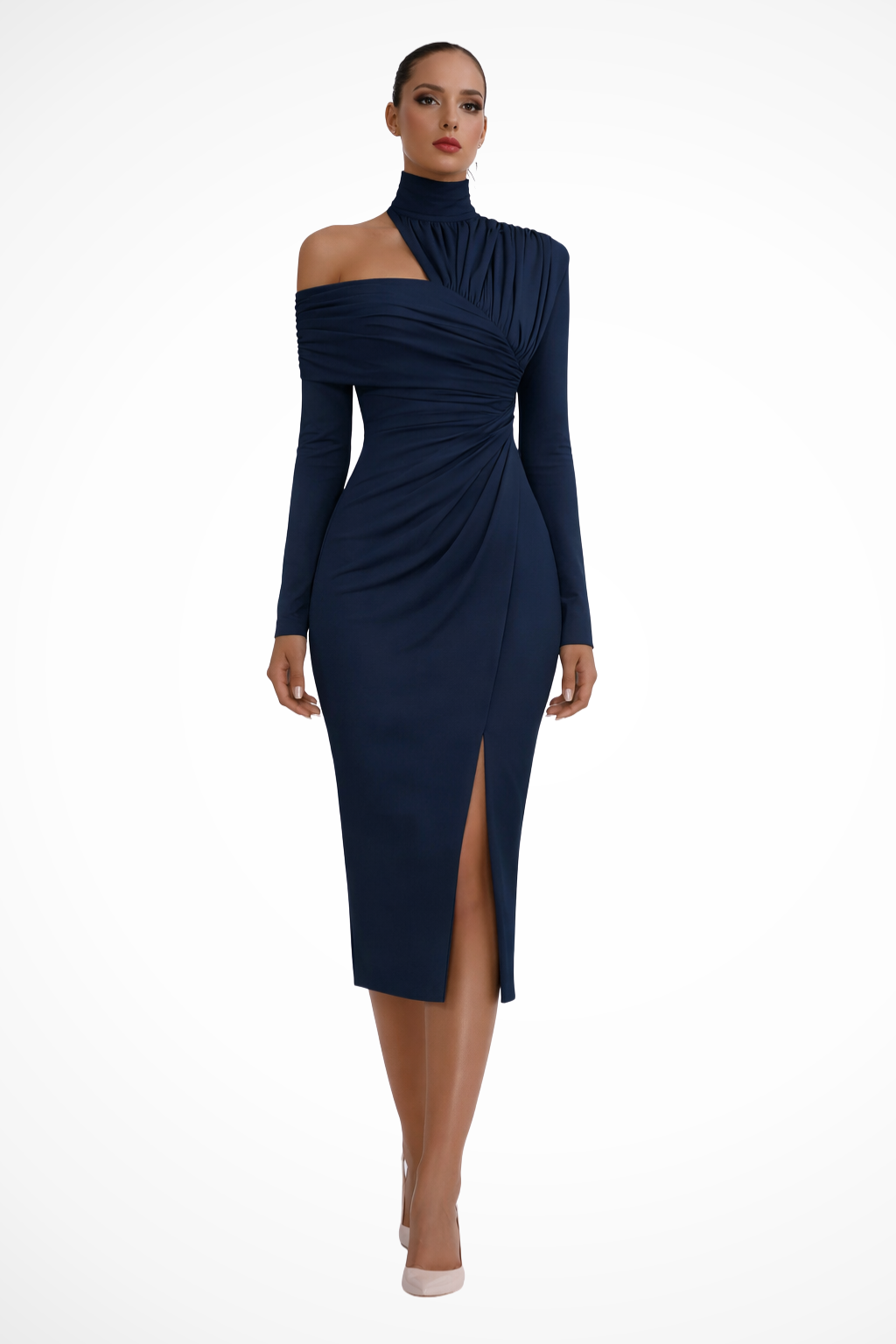 Classy women's one-shoulder ruched midi dress, versatile for events, complete with a flattering side slit.
