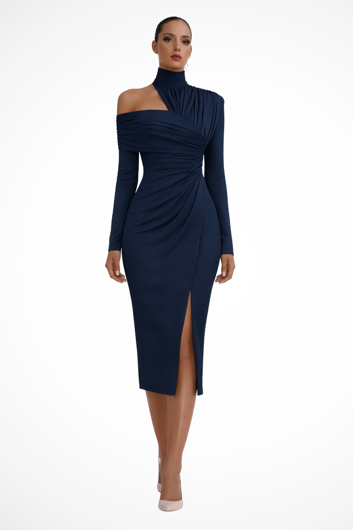Classy women's one-shoulder ruched midi dress, versatile for events, complete with a flattering side slit.