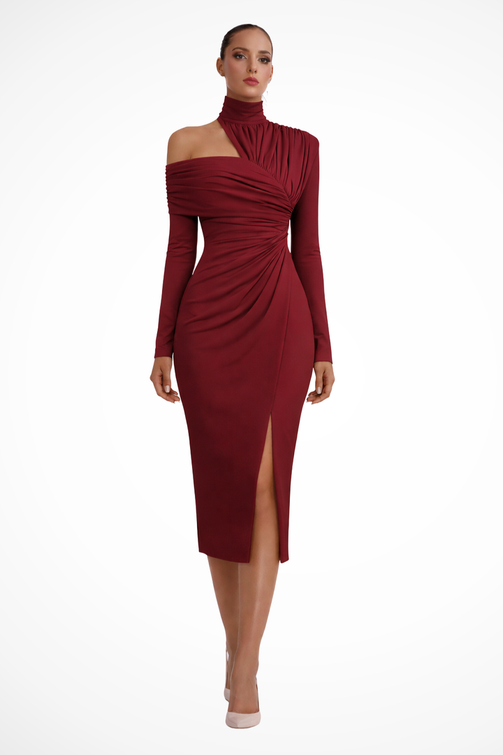 Beautiful women's formal one-shoulder midi dress, figure-flattering ruching, and a sophisticated side slit.