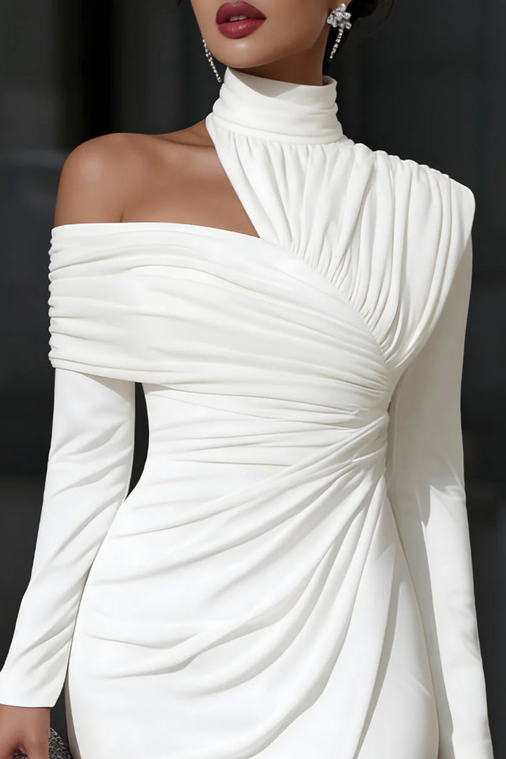 Chic women's evening midi dress, one-shoulder style, draped ruching, and a sophisticated leg slit.