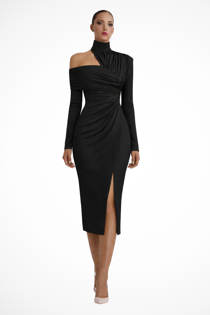 Elegant women's fitted one-shoulder midi dress with intricate ruching and a trendy side slit detail.