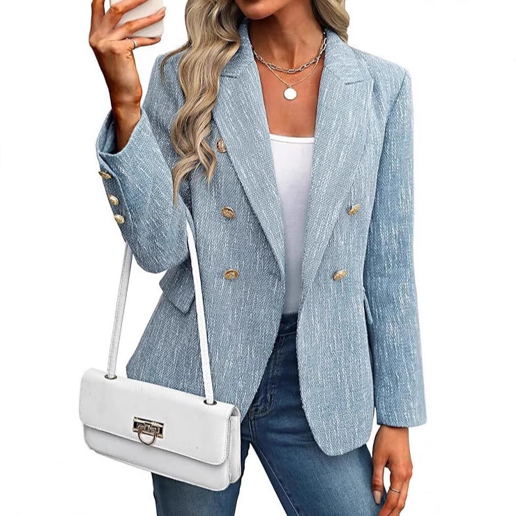 Women's elegant open front blazer with stylish gold buttons, perfect for office or smart casual wear.