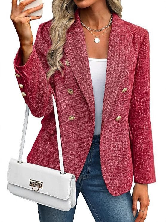 Versatile women's tailored open front blazer with chic gold buttons for professional and elegant layered looks.