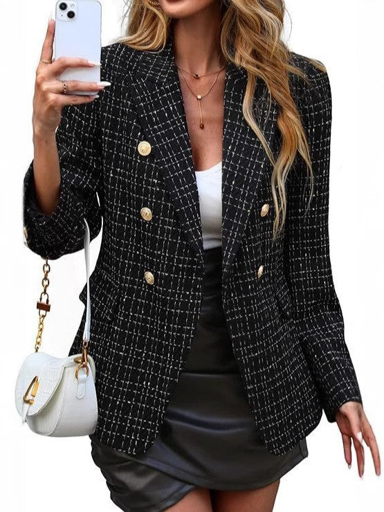 Chic women's open front blazer jacket with elegant gold buttons, ideal for fashionable office wear.