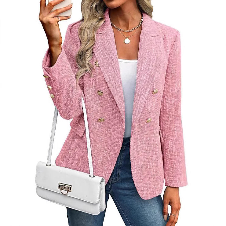 Tailored women's open front blazer jacket, featuring elegant gold buttons for a polished, professional look.