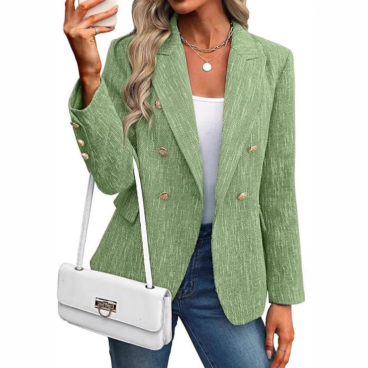 Elegant women's open front blazer with gold buttons. Perfect for office, business casual, or chic layered outfits.