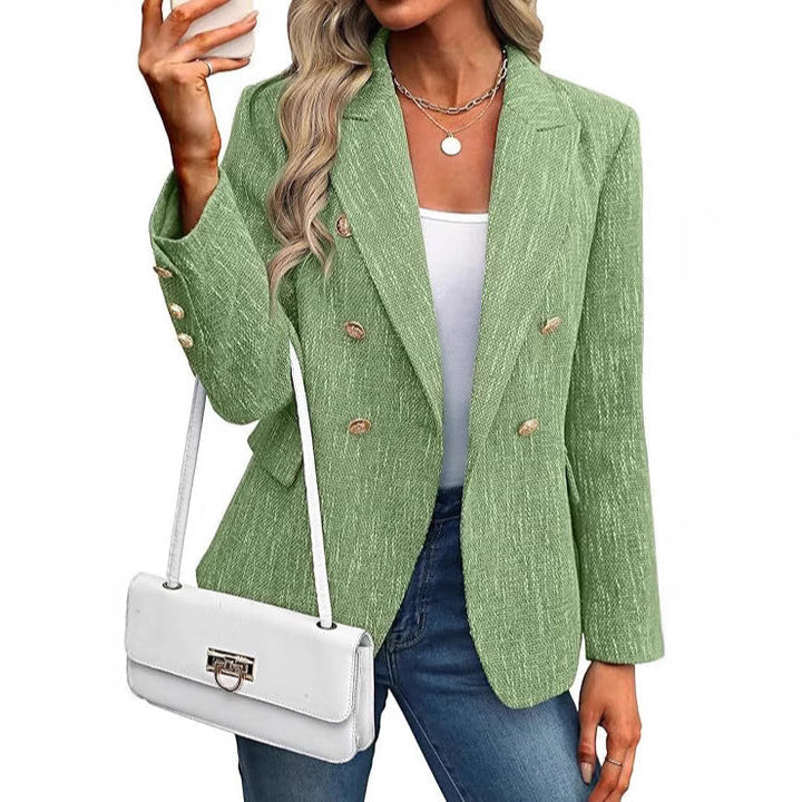 Elegant women's open front blazer with gold buttons. Perfect for office, business casual, or chic layered outfits.