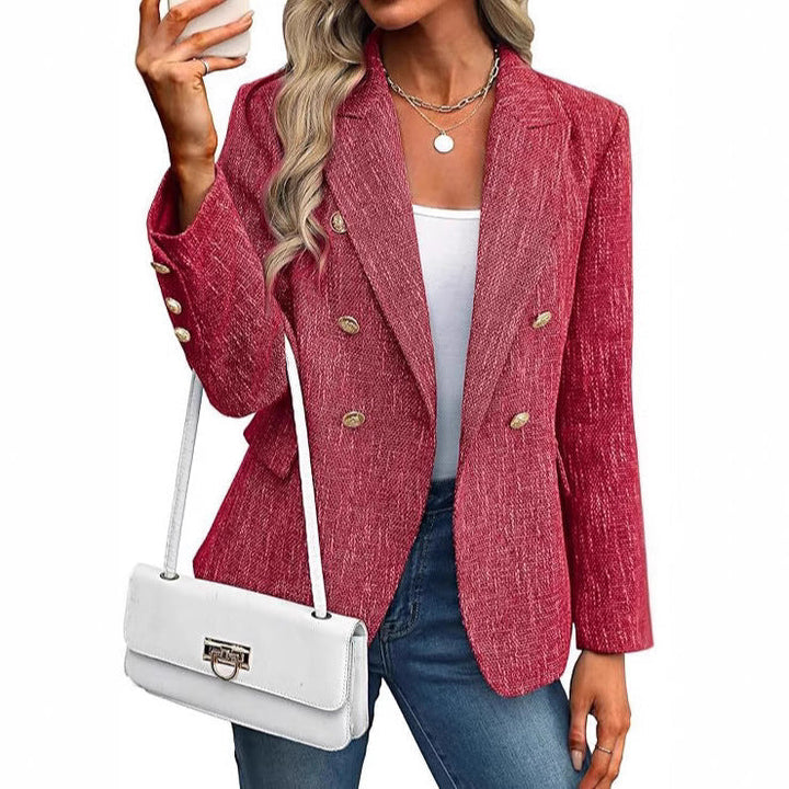 Sophisticated women's open front blazer jacket, accented with striking gold buttons for a refined, professional style.