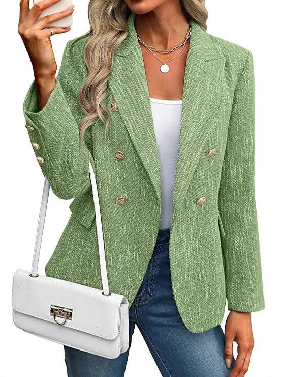 Fashion-forward women's open front blazer with elegant gold buttons, enhancing any smart casual or office outfit.