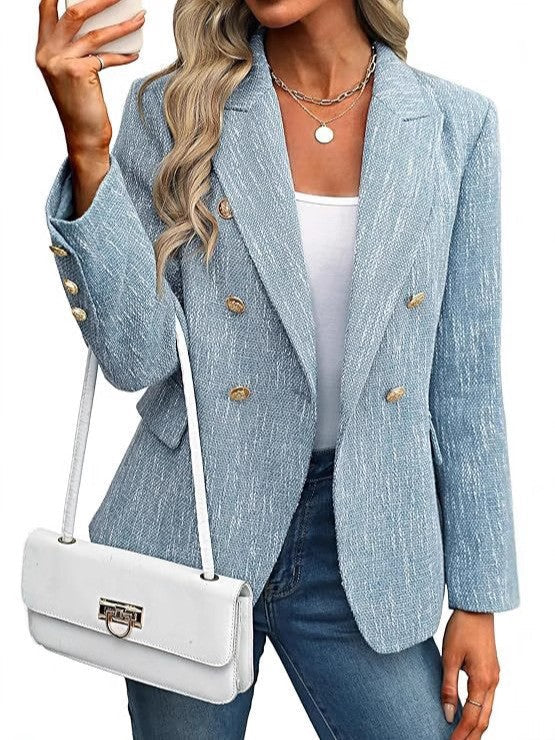 Stylish women's open front blazer with gold buttons. A perfect tailored jacket for professional and chic office wear.