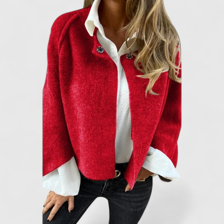 Chic women's open-front jacket, elegant long sleeve outerwear for office or casual wear.