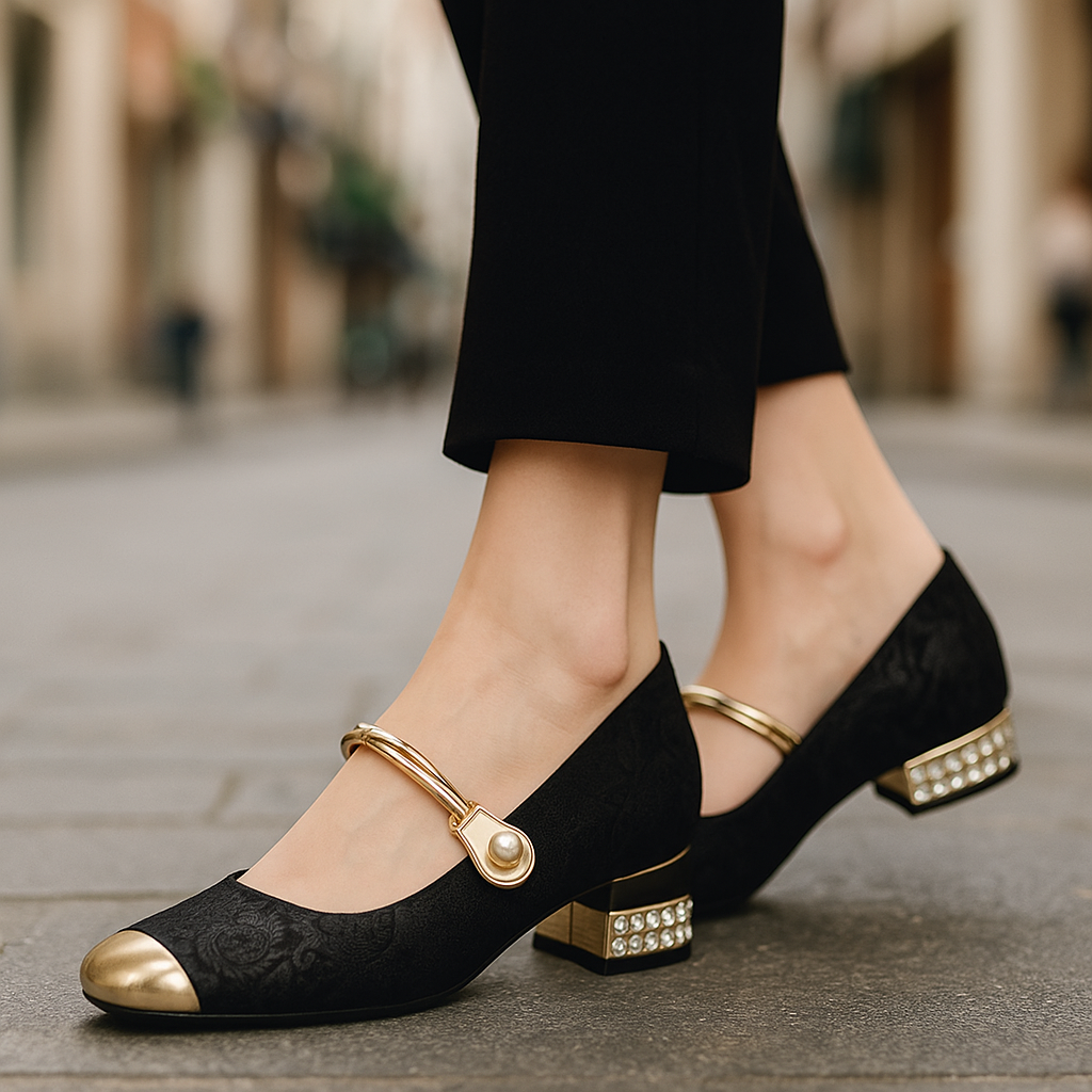 Sophisticated pearl embellished women's flats with orthopedic comfort insoles, perfect for dress or office.