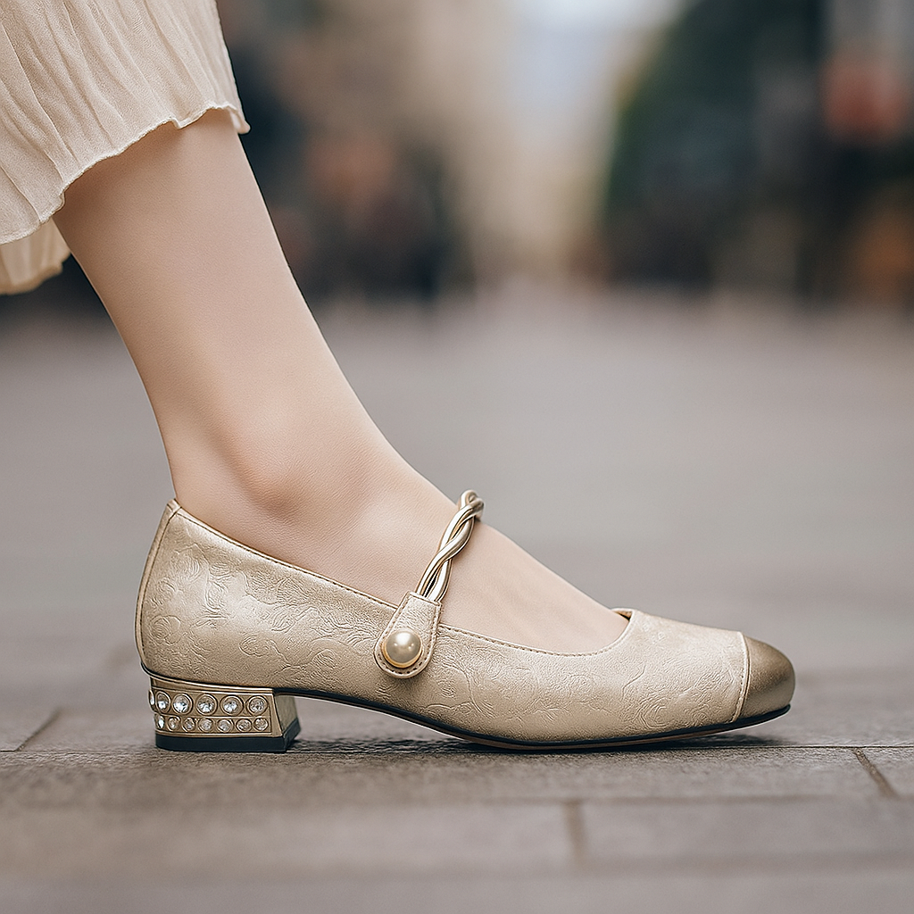 Close-up of elegant women's pearl flats featuring a metallic toe and cushioned interior.