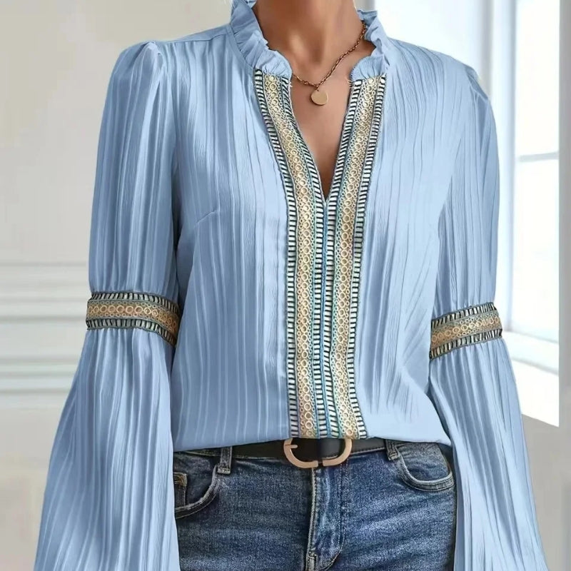 Elegant women's blouse, a pleated long sleeve top with exquisite lace trim, suitable for both office & casual wear.