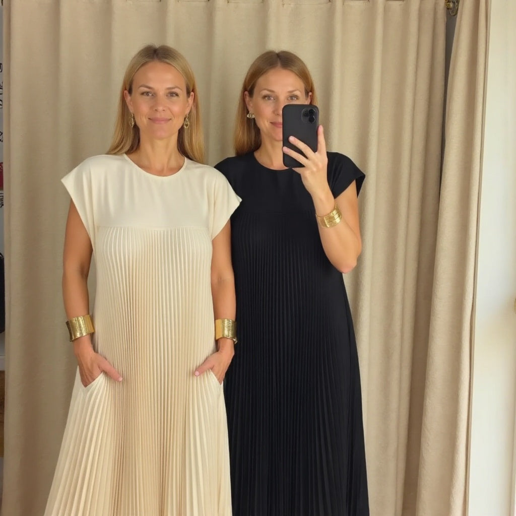 Elegant flowing pleated maxi dress for women, a versatile piece for summer parties or special occasions.