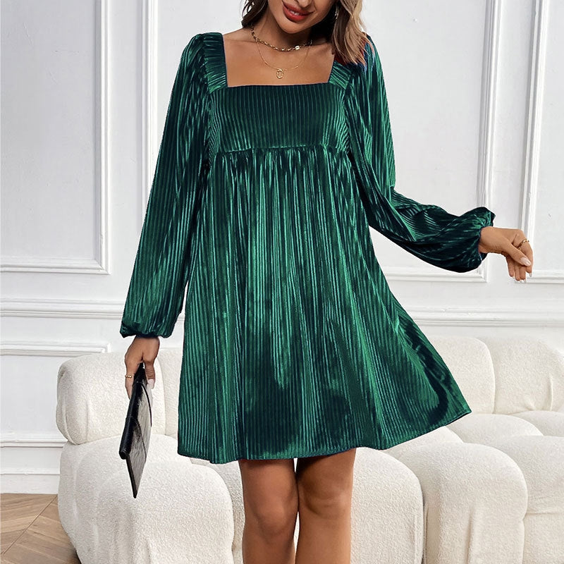 Elegant square neck pleated midi dress for women, ideal as a formal or cocktail party gown.