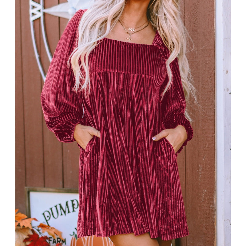 Classy women's square neck midi dress with pleats, a sophisticated choice for formal occasions.