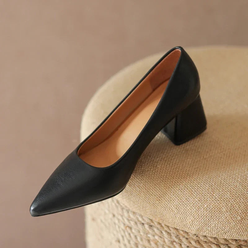 Side view of women's pointed toe block heels, showcasing sturdy block heel. Great dress shoes for events.