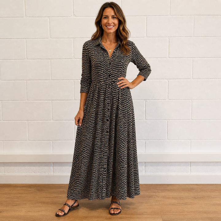 Women's elegant printed maxi dress with long sleeves & button-front. Versatile daywear for women's fashion.