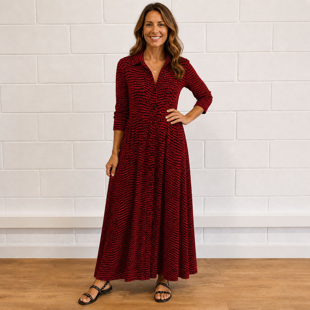 Casual long sleeve button-front maxi dress for women, featuring a vibrant print. Perfect for day-to-night.