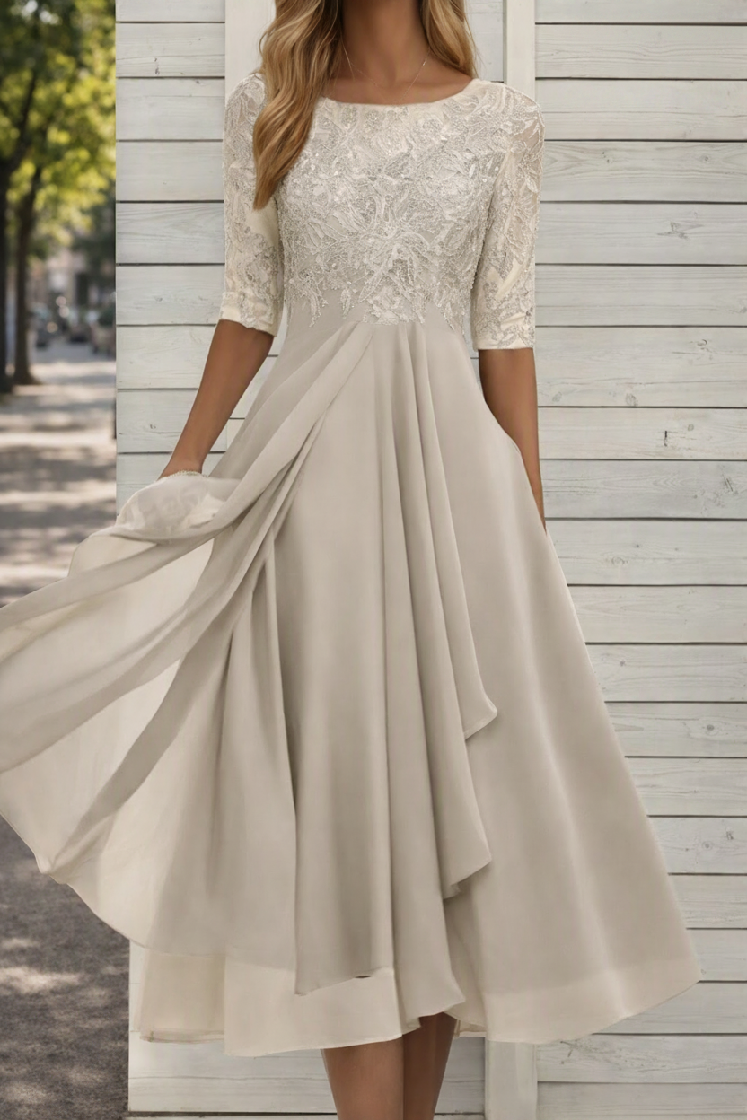 Comfortable beige women's high-waist flared midi dress, offering elegant style for summer and casual wear.