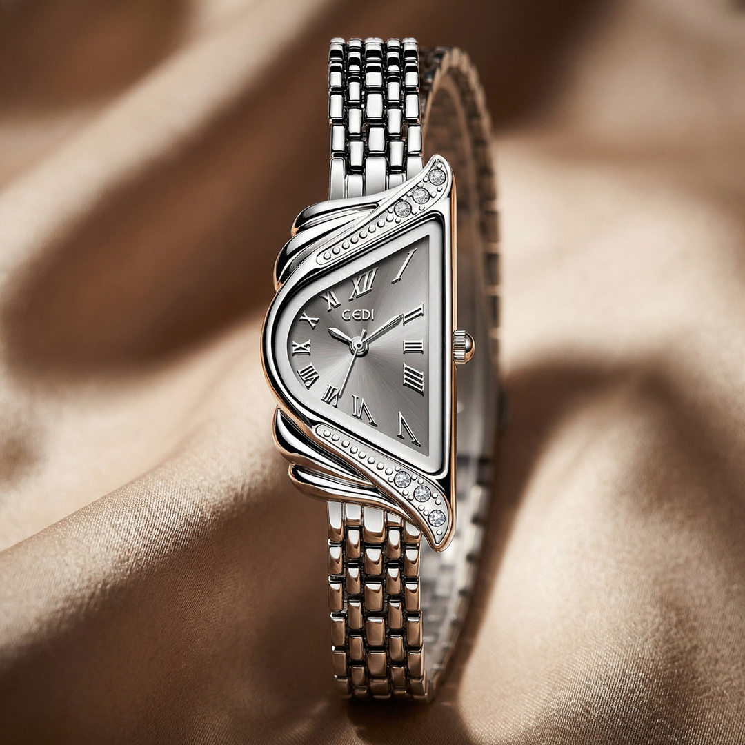 Silver women's designer watch, irregular rhombus dial. Modern quartz timepiece, stylish fashion accessory.