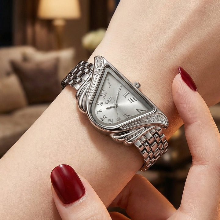 Gold women's quartz watch, modern irregular rhombus dial design. An elegant and fashionable accessory.