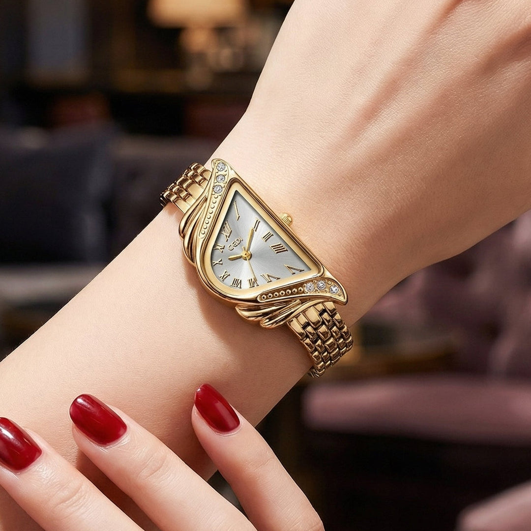 Designer women's gold watch, irregular rhombus dial, quartz movement. A modern, elegant fashion timepiece.