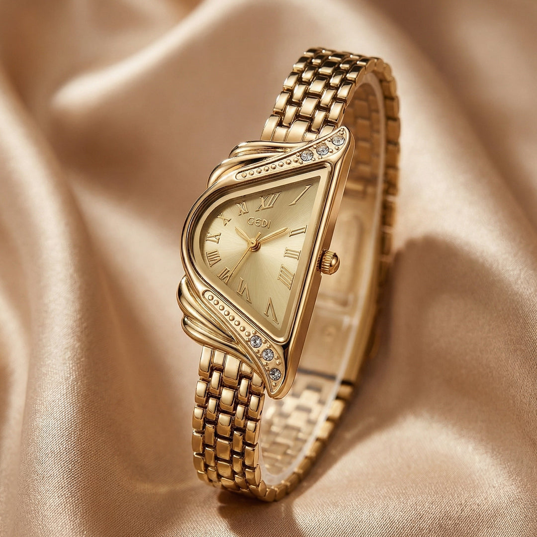Elegant women's gold watch, irregular rhombus dial. Water resistant quartz timepiece, perfect fashion accessory.