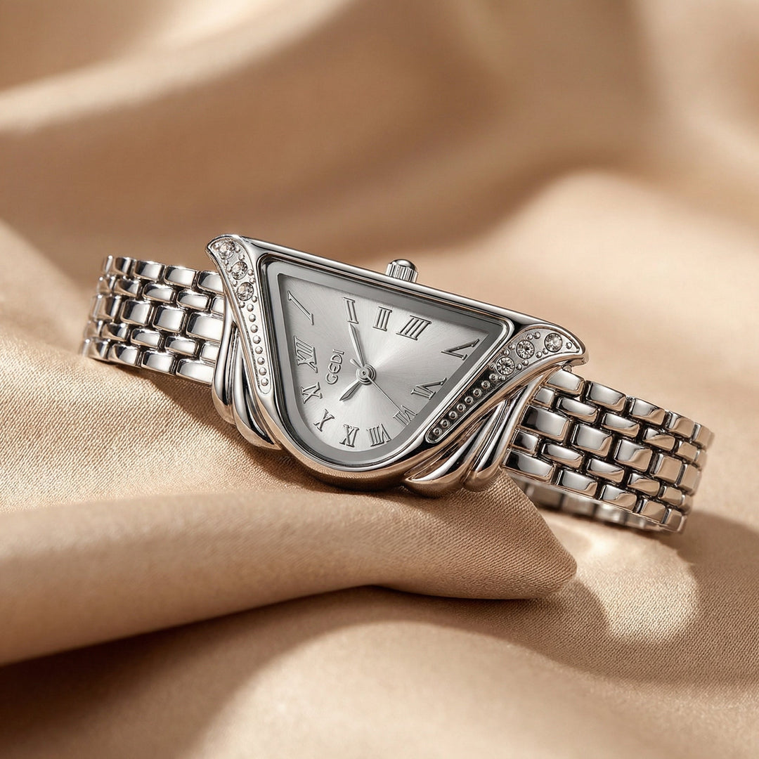Modern silver women's quartz watch, irregular rhombus dial. A sophisticated alloy timepiece, fashion accessory.