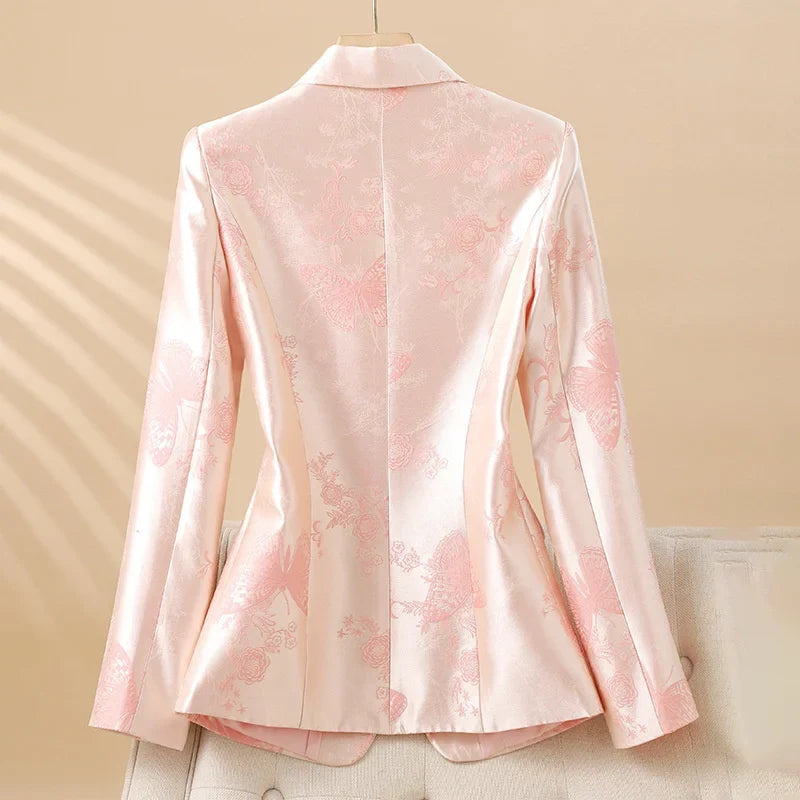 Elegant women's fashion blazer, featuring a unique rosette texture & dazzling jeweled button. Ideal for spring.