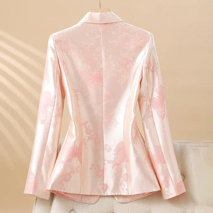 Elegant women's fashion blazer, featuring a unique rosette texture & dazzling jeweled button. Ideal for spring.