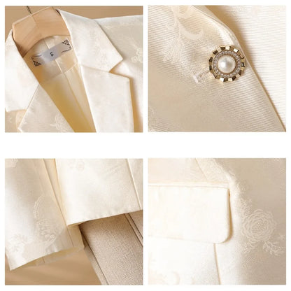 Fashion-forward women's tailored blazer, adorned with rosettes & a jeweled button. A chic business casual staple.