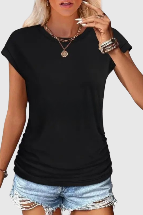 Elegant women's casual top featuring a ruched side and ruffle sleeves. Versatile for everyday wear & summer.