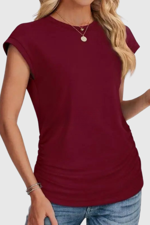 Women's casual tunic top with elegant ruched side detail. Loose fit, comfortable for everyday & vacation fashion.