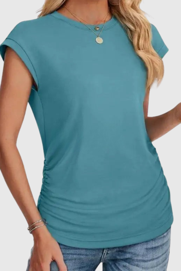 Effortless style: women's ruched side casual tunic with ruffle sleeves. A comfortable summer blouse for all day.