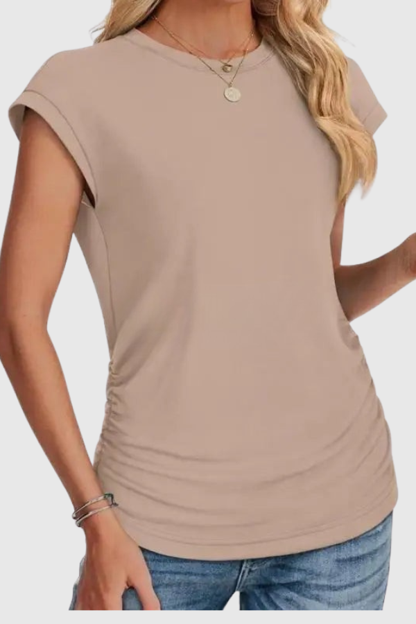 Women's elegant casual top with a ruched side, offering a loose fit. Great everyday wear & summer vacation blouse.