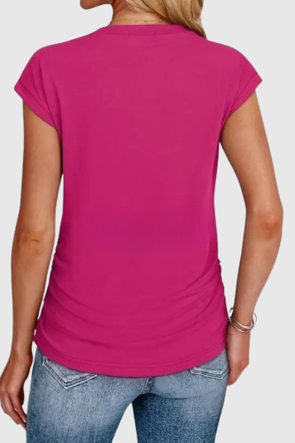 Stylish women's summer blouse, featuring ruched sides and ruffle sleeves. Perfect casual tunic for everyday fashion.