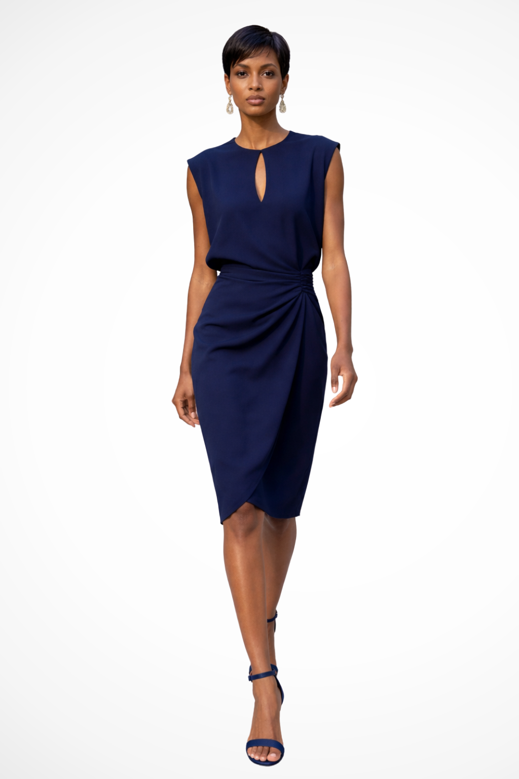 Flattering women's ruched wrap midi dress, featuring elegant cap sleeves and a versatile style for any occasion.