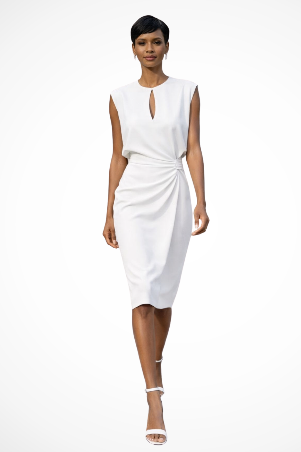 Chic women's cocktail midi dress with ruched wrap design & cap sleeves. Ideal elegant party or day-to-night fashion.