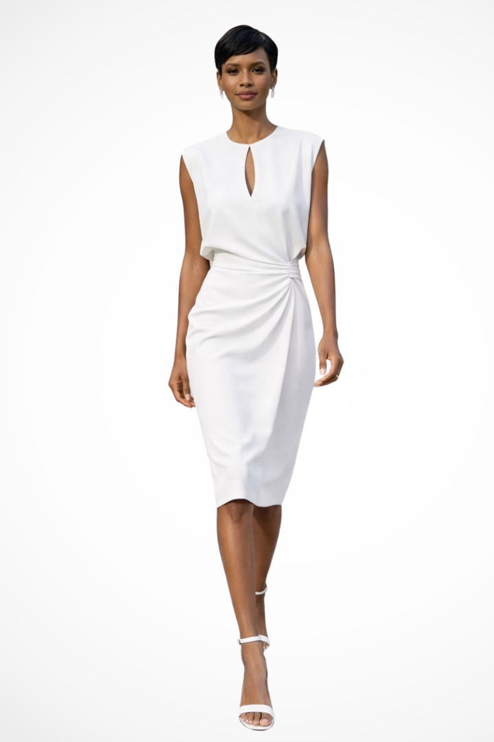 Chic women's cocktail midi dress with ruched wrap design & cap sleeves. Ideal elegant party or day-to-night fashion.