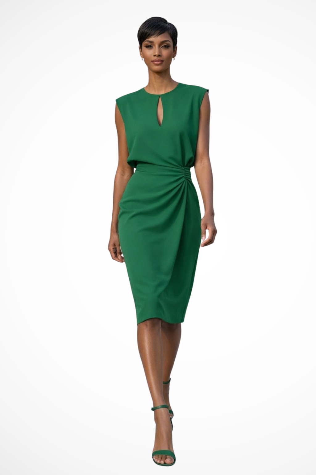 Versatile women's elegant midi wrap dress with cap sleeves & ruched detail. Perfect for work, parties, or evening.