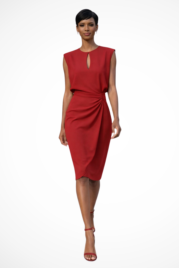 Women's sophisticated midi dress featuring a ruched wrap front, elegant cap sleeves, and a flattering silhouette.