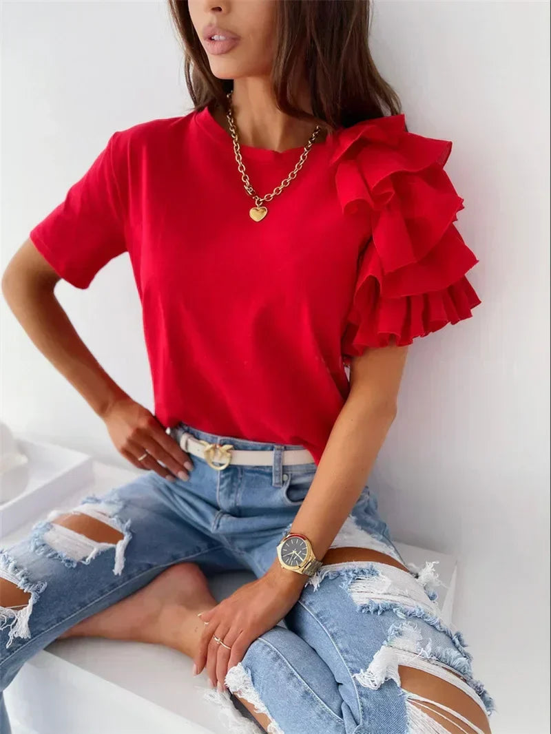 Women's elegant ruffle sleeve top with unique design, perfect for summer casual chic or sophisticated looks.