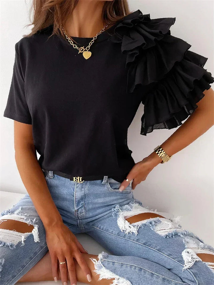 Stylish red women's ruffle sleeve top, a chic fashion statement blouse with unique design for ladies.