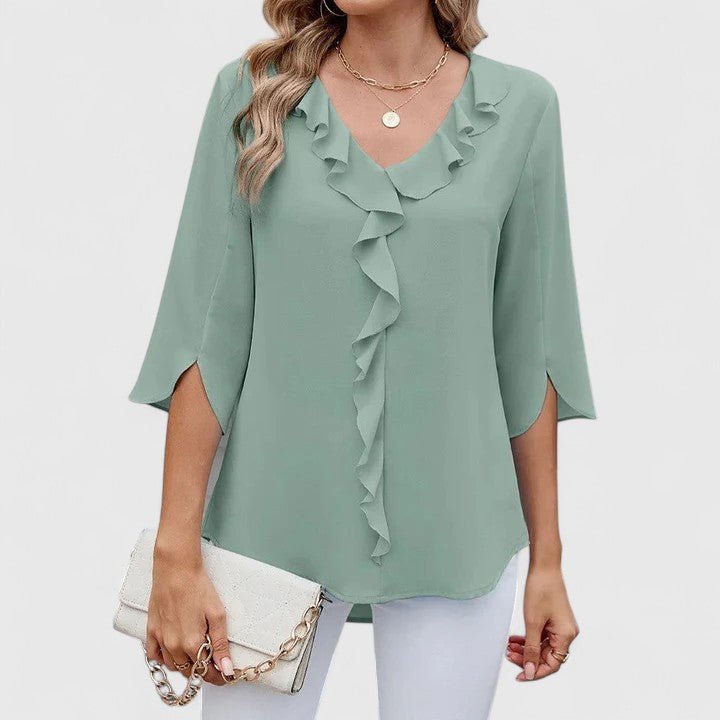 Women's elegant ruffle V-neck blouse with split sleeves, perfect for office or casual wear.