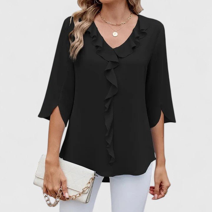 Stylish women's ruffle V-neck top, featuring chic split sleeves for spring/summer fashion.